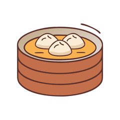 Steamed Dumplings in Bamboo Steamer Basket Illustration, A vector illustration of steamed dumplings in a bamboo steamer basket, with steam rising and a fresh appearance.

