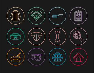 Set line Dog house, Veterinary clinic, Hair brush for dog and cat, Cat nose, Pet food bowl, carry case, bone and Heart with icon. Vector