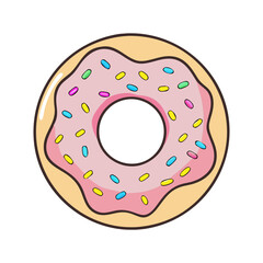 Delicious Pink Donut with Sprinkles Illustration, A fun and colorful vector illustration of a pink donut with colorful sprinkles on top, perfect for dessert lovers.
