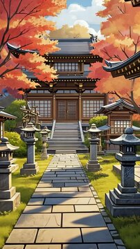 Lofi Vertical Video beautiful and cozy japanese village city town in the morning wallpaper. buddhist temple shinto shrine. anime comics artstyle. cozy lofi asian architecture, cartoon style