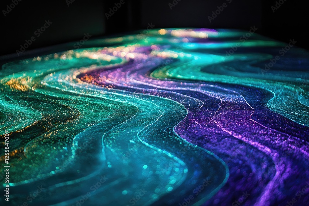 Poster abstract image of flowing, iridescent waves with shimmering, glittery texture.
