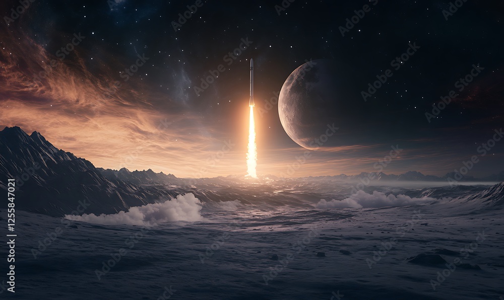 Aufkleber A stunning cosmic scene featuring a vertical beam of light emerging from a planetary surface, illuminated by a distant celestial body and a starry sky.