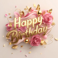 A beautiful birthday greeting with 'Happy Birthday' written in elegant gold lettering over a bed of fresh pink flowers. The floral background includes roses and peonies, creating a luxurious and festi