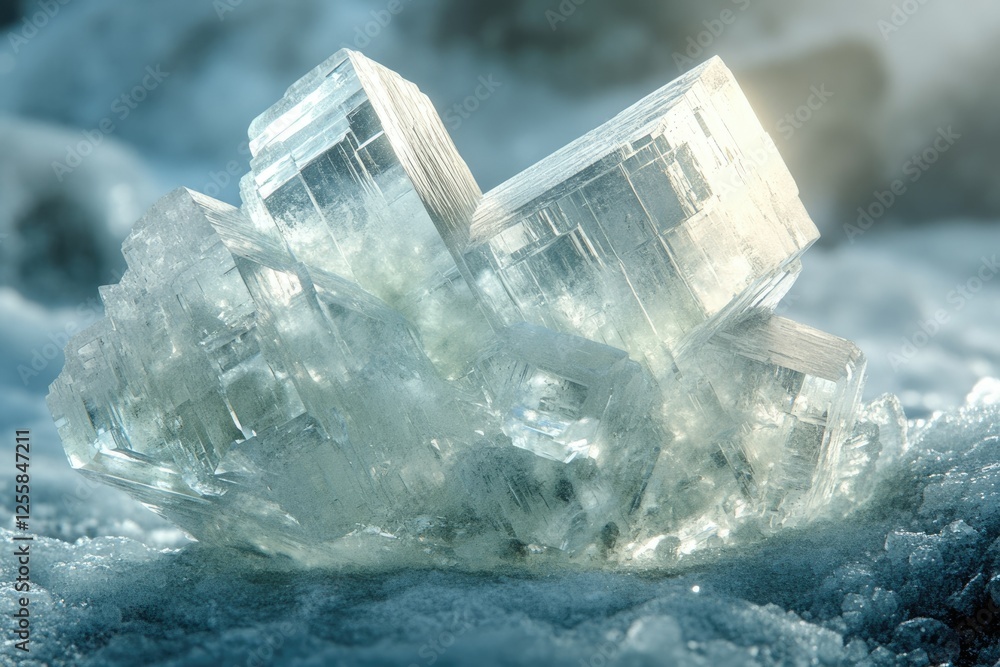 Poster a cluster of translucent, cubic crystals rests on a bed of ice, showcasing intricate formations and 