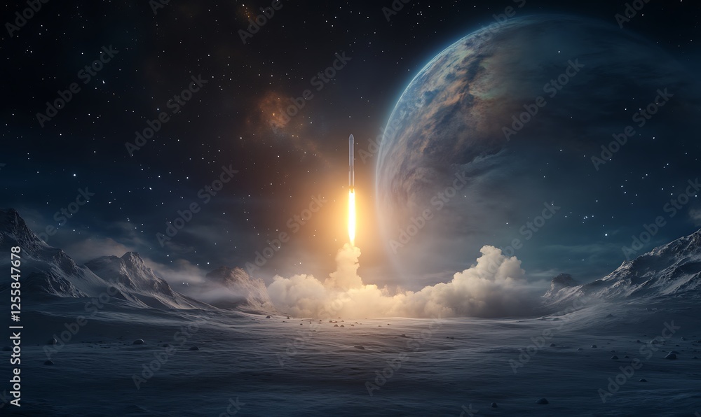 Poster a rocket launches into space, illuminating the clouds beneath it against a backdrop of distant plane
