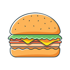 Vector Illustration of Cheeseburger with Lettuce, Tomato, and Cheese, A vector illustration of a cheeseburger with layers of cheese, lettuce, and tomato, served in a sesame seed bun.
