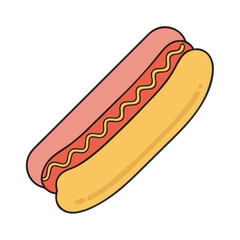Vector Illustration of Hot Dog with Mustard, A vector illustration of a hot dog with mustard in a bun, representing a tasty and simple snack.
