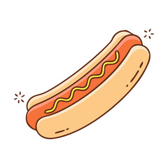 Vector Illustration of Hot Dog with Mustard, A vector illustration of a hot dog with mustard in a bun, representing a classic and tasty snack.
