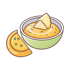 Vector Illustration of Hummus with Pita Bread, A vector illustration of a bowl of creamy hummus served with a slice of pita bread, representing a savory snack.
