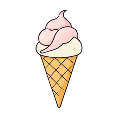 Vector Illustration of Soft Serve Ice Cream Cone, A vector illustration of a soft serve ice cream cone with a swirl of pink and white ice cream.
