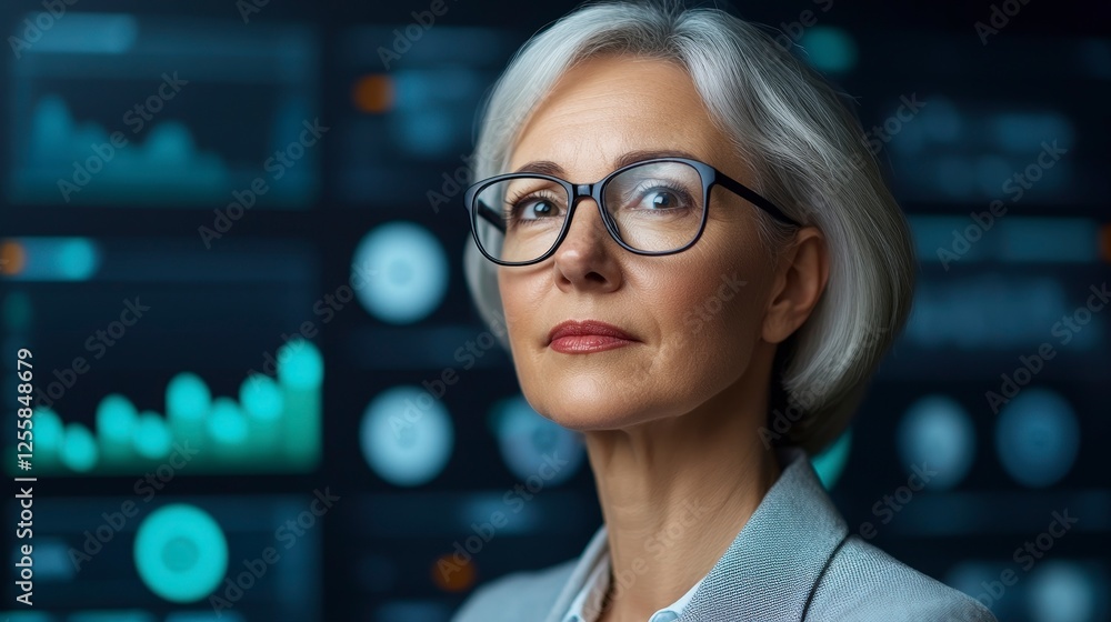 Poster confident businesswoman in front of data analysis dashboard displaying charts
