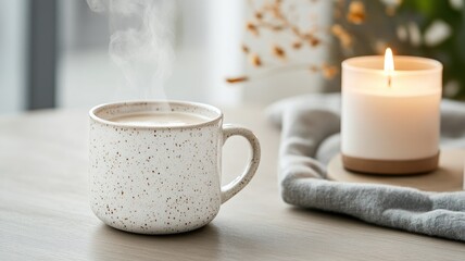 Steaming beverage in cup with lit candle beside it
