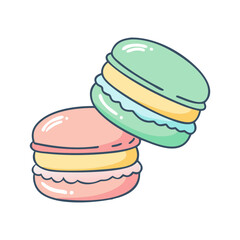 Vector Illustration of Pink and Green Macarons, A vector illustration of pink and green macarons filled with cream, symbolizing a sweet, colorful dessert treat.
