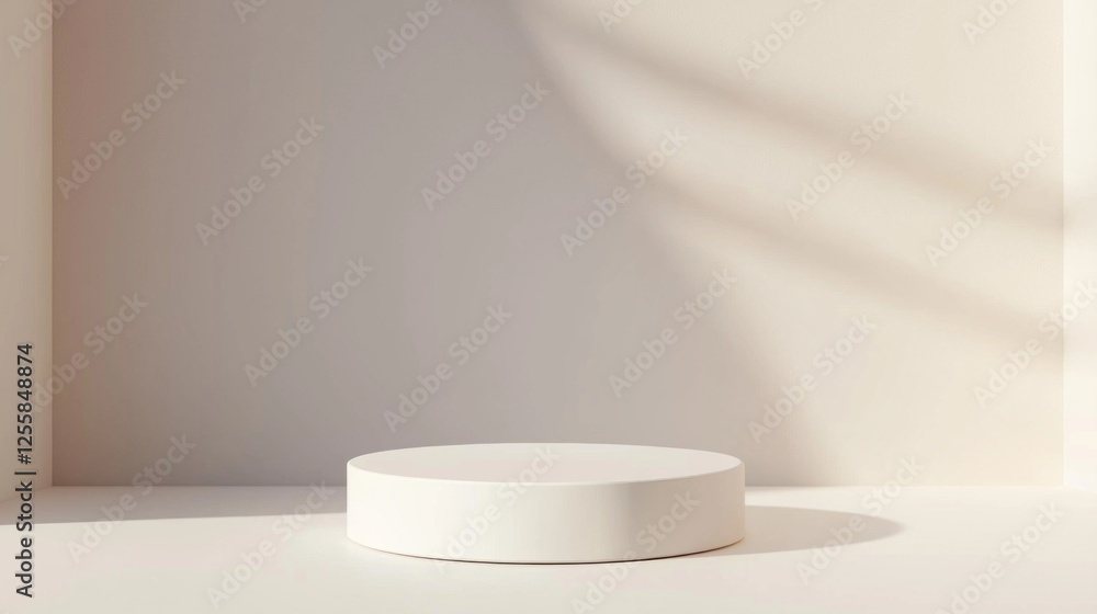 Poster soft sunlight illuminates a minimal white podium, providing a serene backdrop ideal for presenting c