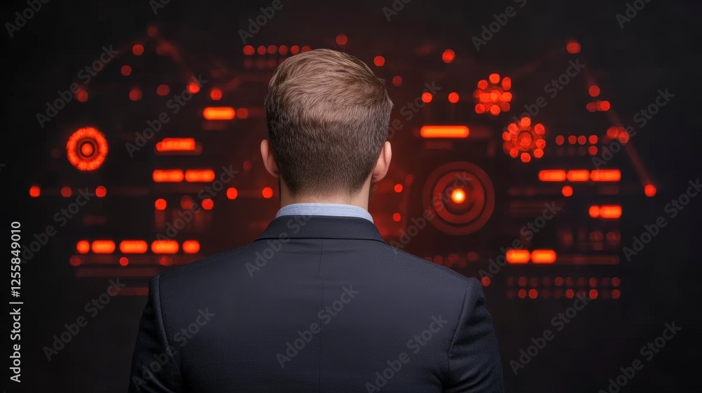 Poster businessman analyzing data visualization on dark background with red highlights