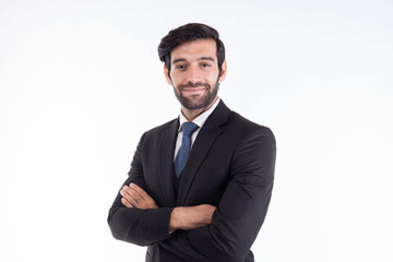 Confident Young Businessman in Formal Suit with Arms Crossed Posing on White Background - Professional Portrait for Corporate, Business