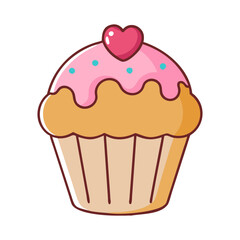 Vector Illustration of Cupcake with Heart Topping, A vector illustration of a cupcake with pink frosting, sprinkles, and a heart-shaped topping, representing a sweet and romantic treat.
