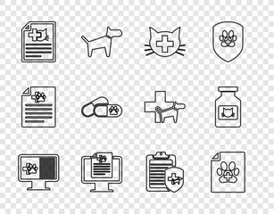 Set line Clinical record pet on monitor, Medical certificate for dog cat, Veterinary clinic, Dog and pills, and Cat medicine bottle icon. Vector