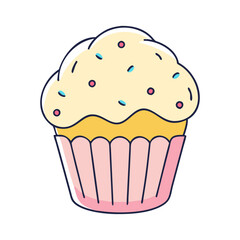 Vector Illustration of Cupcake with Colorful Sprinkles, A vector illustration of a cupcake with colorful sprinkles and a pastel-colored wrapper, representing a fun and sweet treat.
