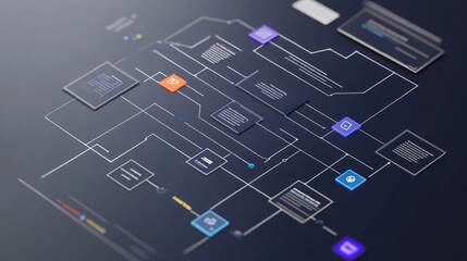Abstract technological scheme with connecting lines and information blocks