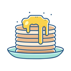 Vector illustration of a stack of pancakes with butter drizzle, A colorful vector illustration of a stack of pancakes with melted butter dripping over the top, served on a plate.
