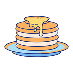 Vector illustration of a stack of pancakes with melted butter, A colorful vector illustration of a stack of fluffy pancakes topped with melted butter, served on a plate.
