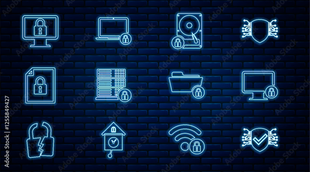Poster set line cyber security, lock on monitor, hard disk drive and lock, server with, document, folder an