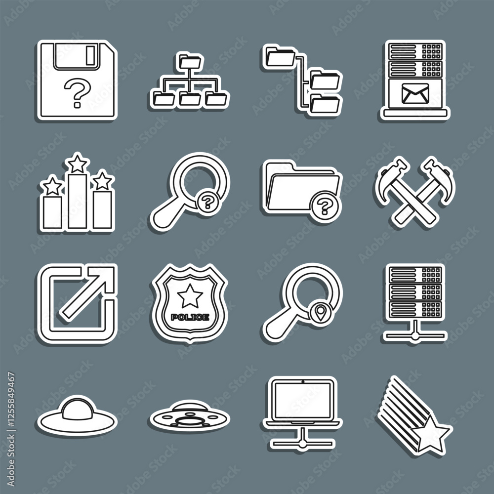 Poster set line falling star, server, data, web hosting, two crossed hammers, folder tree, unknown search, 