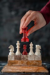 Woman puts a glossy red chess king figure on top of a pyramid, black background
