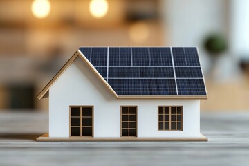 Miniature house with solar panels on roof