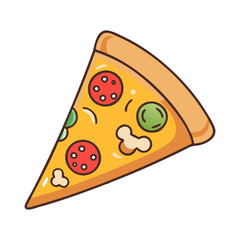 Vector illustration of a pizza slice with toppings, A colorful vector illustration of a pizza slice topped with pepperoni, green peppers, and cheese.
