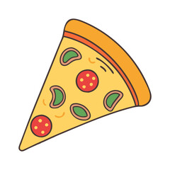 Vector illustration of a pizza slice with toppings, A fun vector illustration of a pizza slice topped with pepperoni, green peppers, and cheese.
