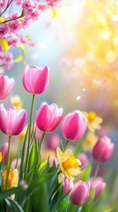 Vibrant Spring Scene with Pink Tulips and Daffodils in Sunlit Garden