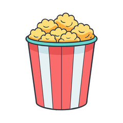 Vector illustration of a popcorn bucket, A colorful vector illustration of a striped popcorn bucket, filled with fluffy, buttery popcorn, perfect for snacking.
