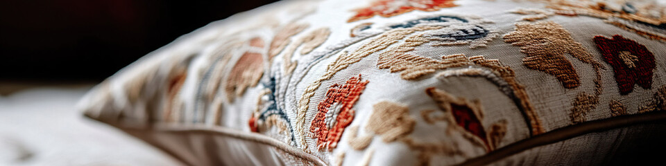 Off-White Embroidered Pillow with Beige, Orange, and Blue Floral Pattern