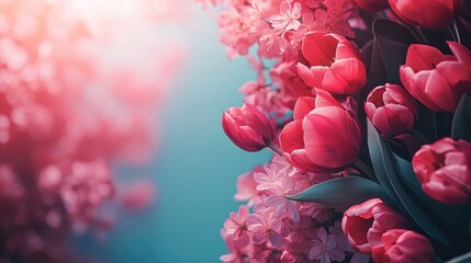 Obraz premium Vibrant Pink Tulips and Blossoms in Bloom Against a Soft Blue Sky Background