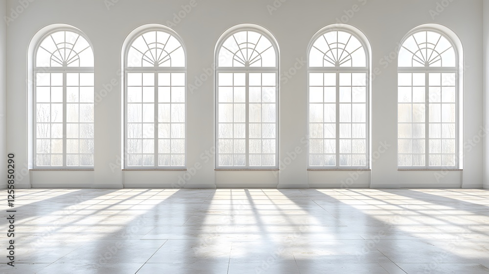 Poster room with four windows and large white grid window isolated on a white background