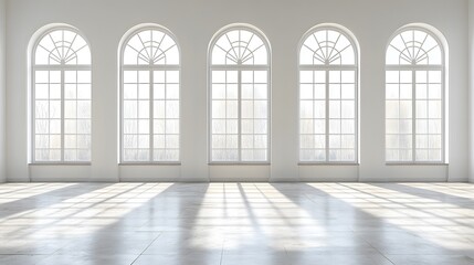Room with four windows and large white grid window isolated on a white background
