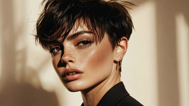 Chic Short Hairstyle: A closeup portrait of a woman with a trendy, edgy short hairstyle, featuring a textured, choppy cut and a soft, natural makeup look. She radiates confidence and style.