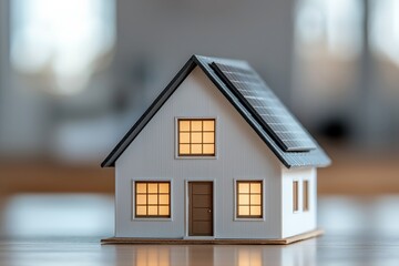 Model house with solar panels and lights