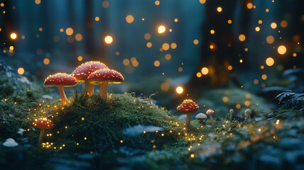 Fairy Garden with Glowing Lanterns &ndash; A magical forest scene with tiny glowing lanterns, pastel mushrooms, and soft moss. Subtle golden sparkles 