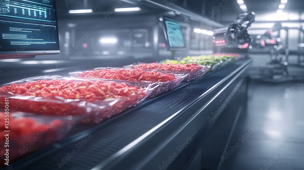 Poster a high-tech facility showcasing packaged food products on a conveyor belt, highlighting automation a