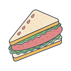 Illustration of a Sandwich with Lettuce and Ham, A simple illustration of a sandwich filled with lettuce and ham, with a triangular shape and light bread. Clean and appetizing.
