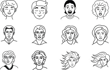 Diverse Male and Female Faces Line Art Character Portraits