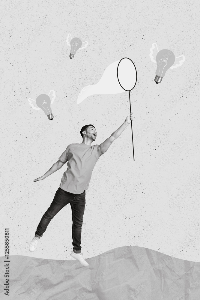 Poster vertical photo collage of business man startup owner jumping hold butterfly net catch idea flying wi