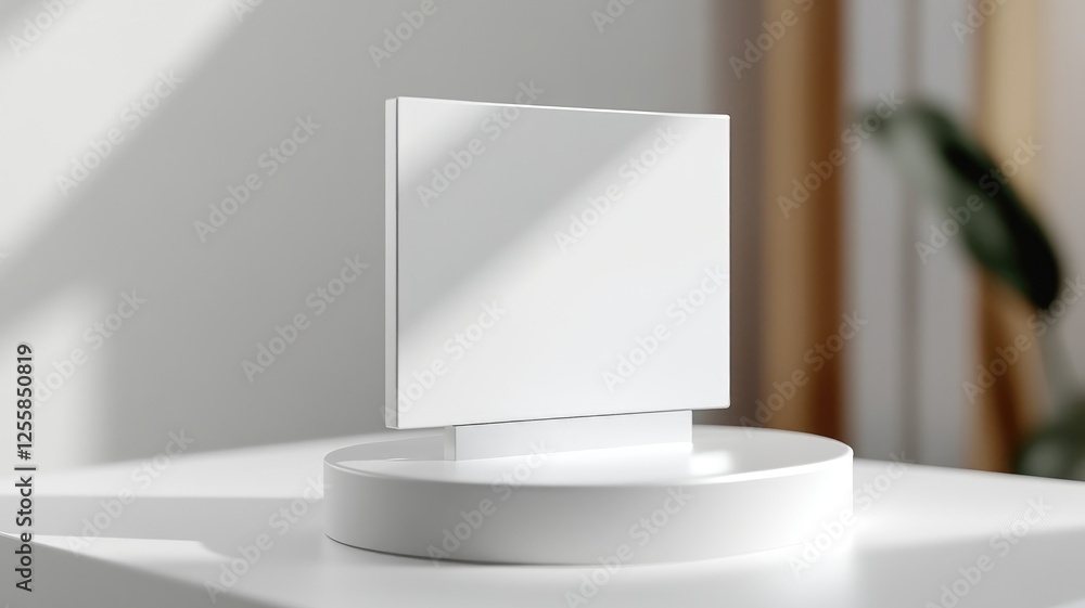 Poster minimalist white rectangular object on round base, soft lighting
