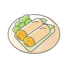 Illustration of Fresh Spring Rolls on Plate, Vector illustration of fresh spring rolls filled with vegetables, served on a plate with green leaves.
