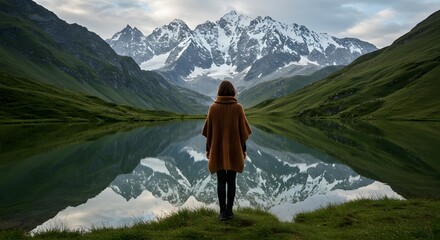 Woman Gazing at Majestic Snow Covered Mountain Reflecting in Tranquil Lake