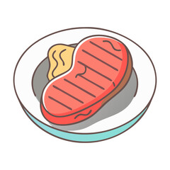 Illustration of a Grilled Steak on Plate with Butter, Vector illustration of a grilled beef steak served on a plate with a pat of butter on top.
