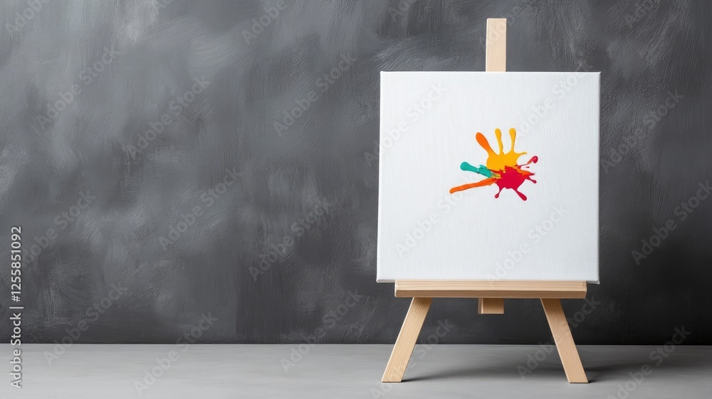 Poster handprint art on canvas displayed easel against dark background